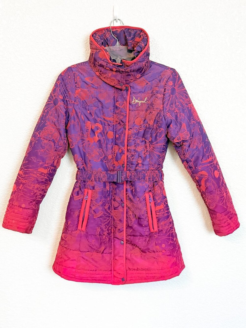 Desigual 'Hume' Ombre Quilted Puffer Coat Kids Girls 13/14 Velvet Flocked Belt